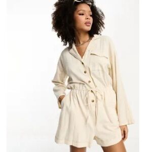 ASOS DESIGN slouchy linen look shirt romper with long sleeve in oatmeal, Size 8